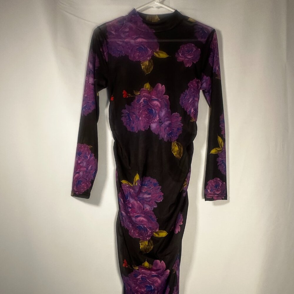 Shein Floral Mesh Bodycon Midi Dress Purple Black Size S